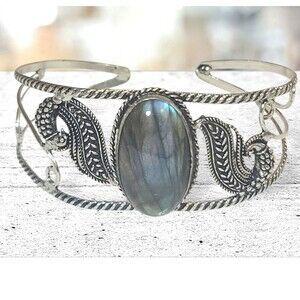 925 Silver Plated Labradorite Peacock Bangle Cuff Bracelet Gemstone Handmade